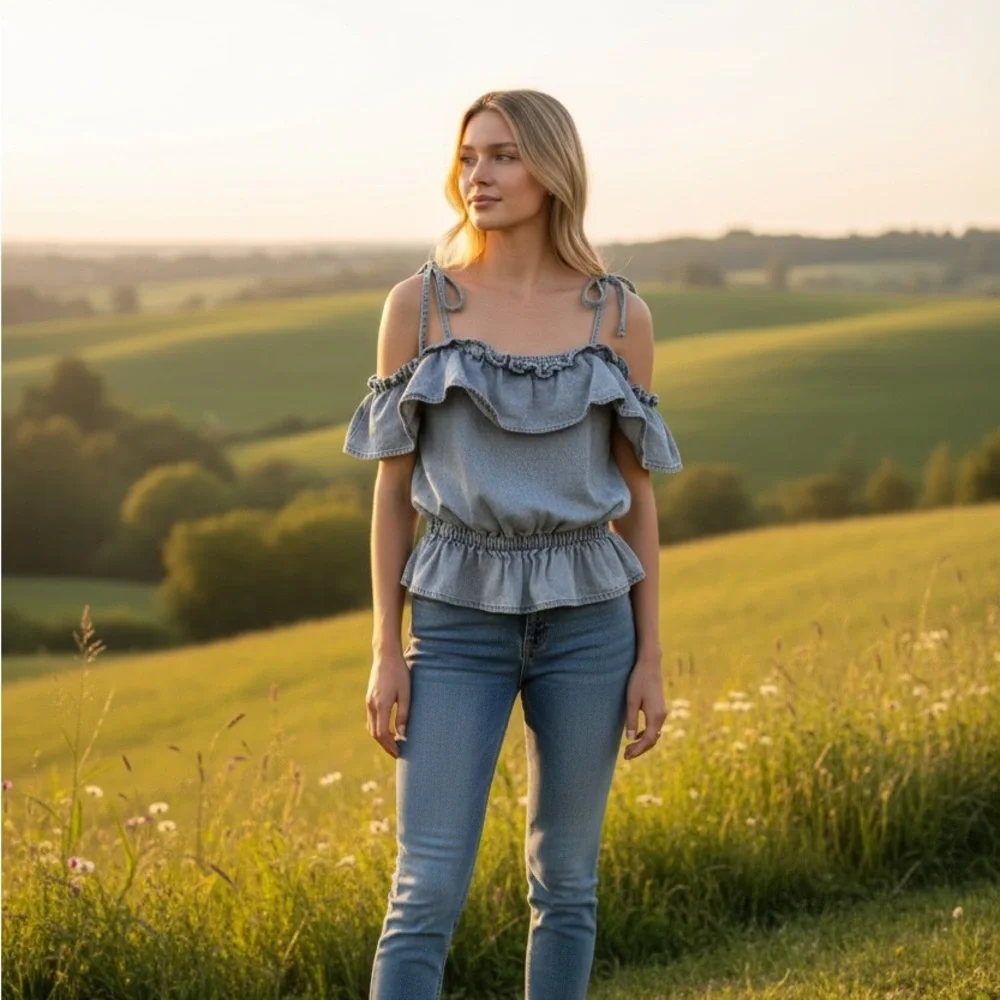 American Eagle Off Shoulder Denim Ruffle Top Boho Blouse - Picture 2 of 5